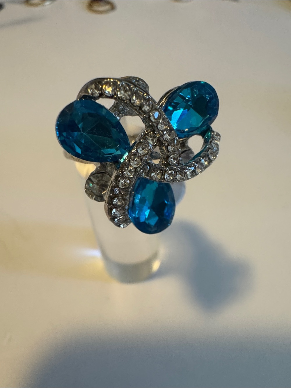 Blue Teardrop Crystal Statement Ring - Sparkling Silver Tone